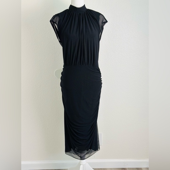 Chico's Dresses & Skirts - Chico's Black Ruched Mocked Neck Mesh Midi Dress Size 16/18